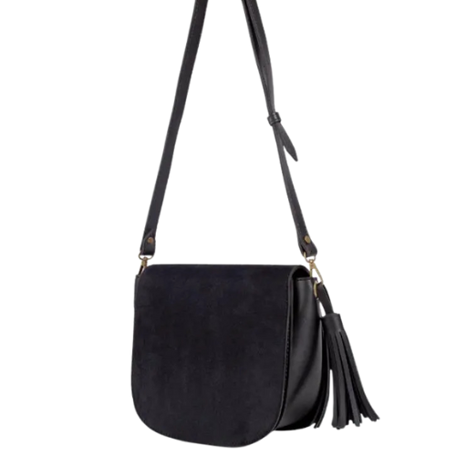 Black Suede Crossbody Bag with Leather Tassel – Adjustable Strap - Image 2