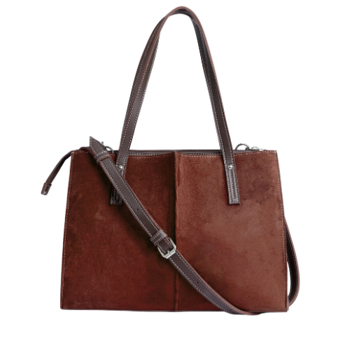 Brown Suede and Faux Leather Handbag – Dual Carry with Adjustable Strap