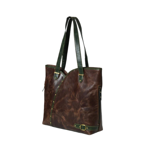 Vintage Brown & Green Leather Tote Bag - Image 3