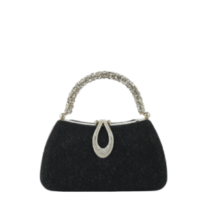 Mirevia Regal Black Evening Clutch with Crystal Handle