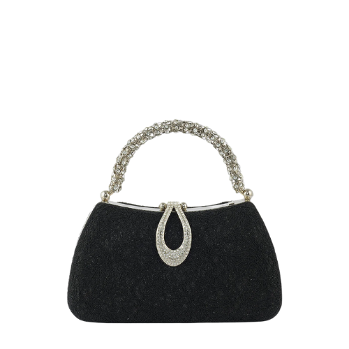 Mirevia Regal Black Evening Clutch with Crystal Handle