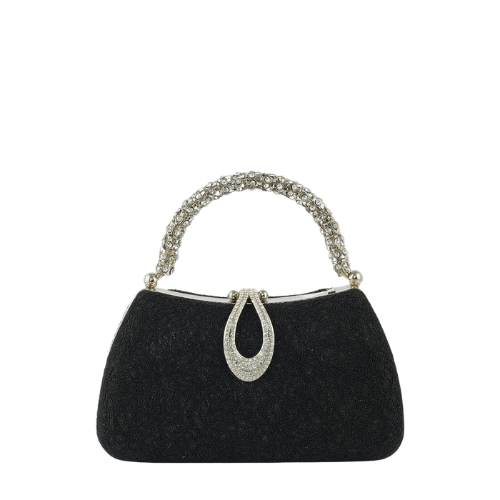 Mirevia Regal Black Evening Clutch with Crystal Handle - Image 2