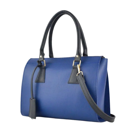 Elegant Blue & Black Faux Leather Handbag with Dual Top Handles - Image 3