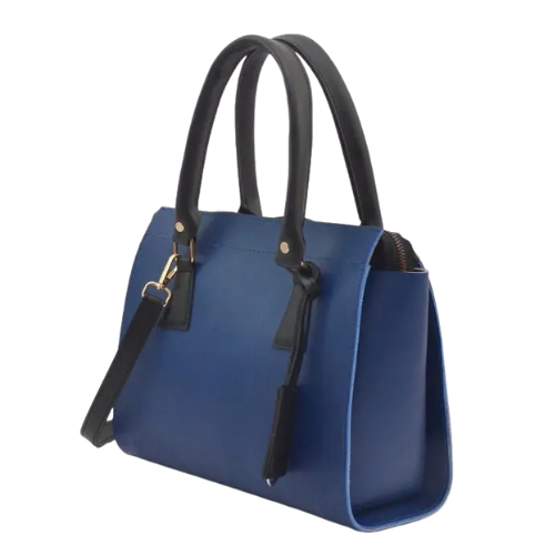 Elegant Blue & Black Faux Leather Handbag with Dual Top Handles - Image 2